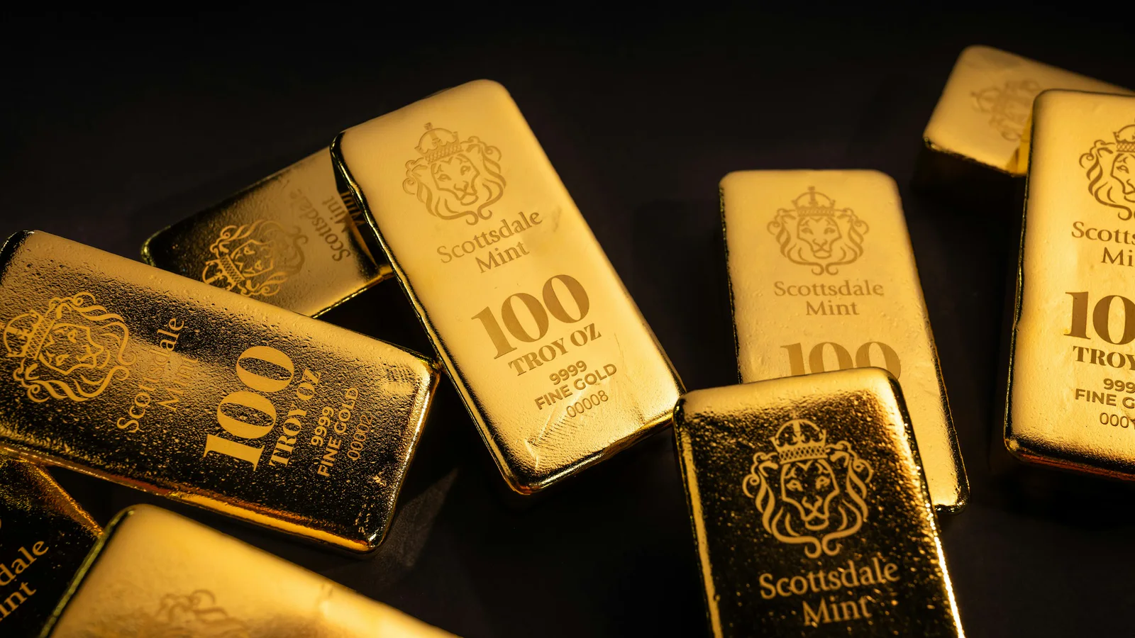 Official Scottsdale Mint photograph of 100 troy ounce gold bars